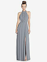 Front View Thumbnail - Platinum Halter Backless Maxi Dress with Crystal Button Ruffle Placket