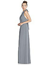 Side View Thumbnail - Platinum Halter Backless Maxi Dress with Crystal Button Ruffle Placket