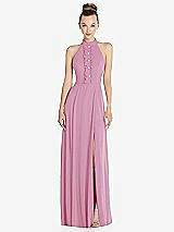 Front View Thumbnail - Powder Pink Halter Backless Maxi Dress with Crystal Button Ruffle Placket