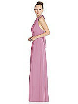 Side View Thumbnail - Powder Pink Halter Backless Maxi Dress with Crystal Button Ruffle Placket