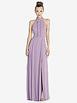 Front View Thumbnail - Pale Purple Halter Backless Maxi Dress with Crystal Button Ruffle Placket
