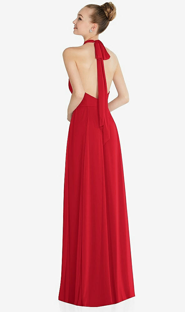 Back View - Parisian Red Halter Backless Maxi Dress with Crystal Button Ruffle Placket