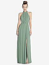Front View Thumbnail - Seagrass Halter Backless Maxi Dress with Crystal Button Ruffle Placket