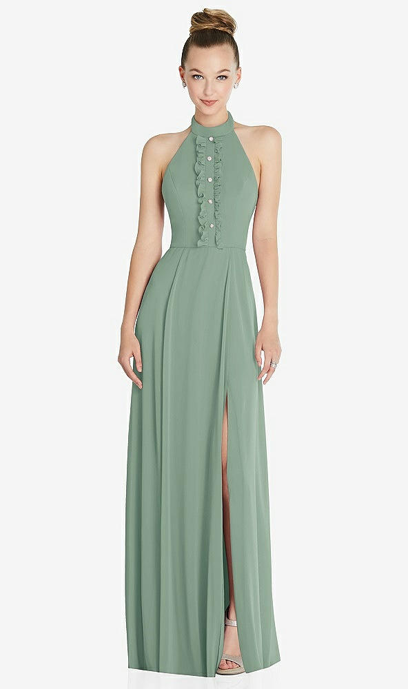 Front View - Seagrass Halter Backless Maxi Dress with Crystal Button Ruffle Placket
