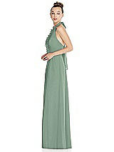 Side View Thumbnail - Seagrass Halter Backless Maxi Dress with Crystal Button Ruffle Placket