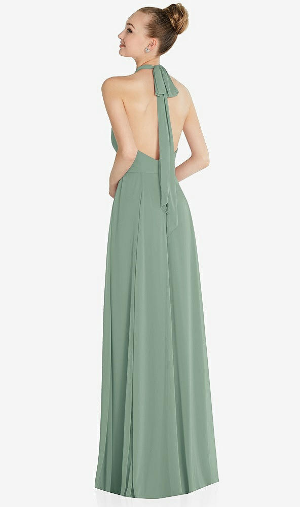 Back View - Seagrass Halter Backless Maxi Dress with Crystal Button Ruffle Placket