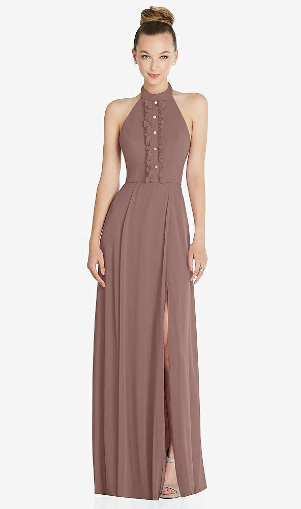 Front View - Sienna Halter Backless Maxi Dress with Crystal Button Ruffle Placket