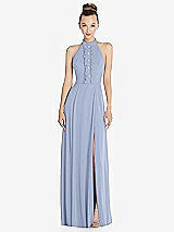 Front View Thumbnail - Sky Blue Halter Backless Maxi Dress with Crystal Button Ruffle Placket
