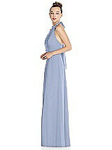 Side View Thumbnail - Sky Blue Halter Backless Maxi Dress with Crystal Button Ruffle Placket