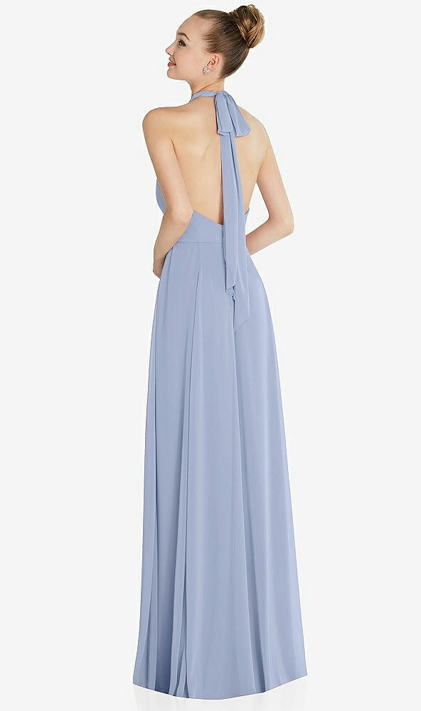 Back View - Sky Blue Halter Backless Maxi Dress with Crystal Button Ruffle Placket