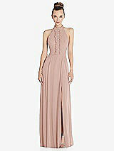 Front View Thumbnail - Toasted Sugar Halter Backless Maxi Dress with Crystal Button Ruffle Placket