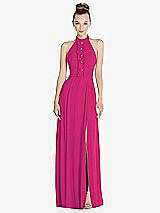 Front View Thumbnail - Think Pink Halter Backless Maxi Dress with Crystal Button Ruffle Placket