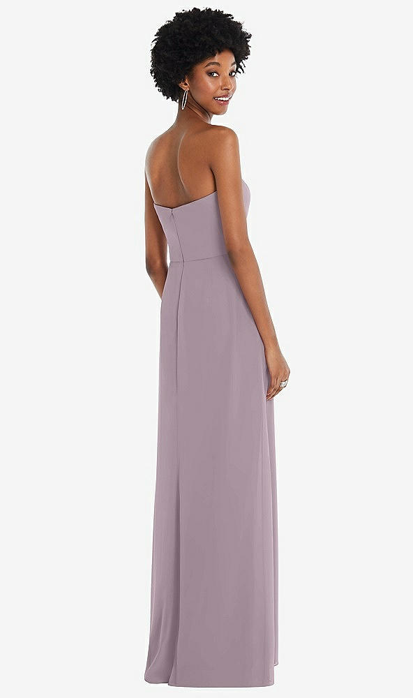 Back View - Lilac Dusk Strapless Sweetheart Maxi Dress with Pleated Front Slit 