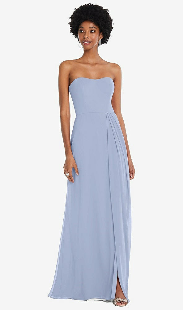 Front View - Sky Blue Strapless Sweetheart Maxi Dress with Pleated Front Slit 