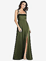 Alt View 1 Thumbnail - Olive Green Skinny Tie-Shoulder Satin Maxi Dress with Front Slit