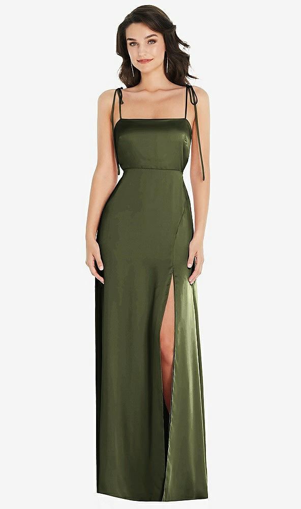 Front View - Olive Green Skinny Tie-Shoulder Satin Maxi Dress with Front Slit
