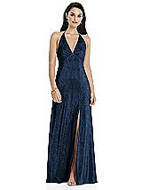 Alt View 1 Thumbnail - Midnight Navy Deep V-Neck Metallic Gown with Convertible Straps