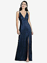 Front View Thumbnail - Midnight Navy Deep V-Neck Metallic Gown with Convertible Straps