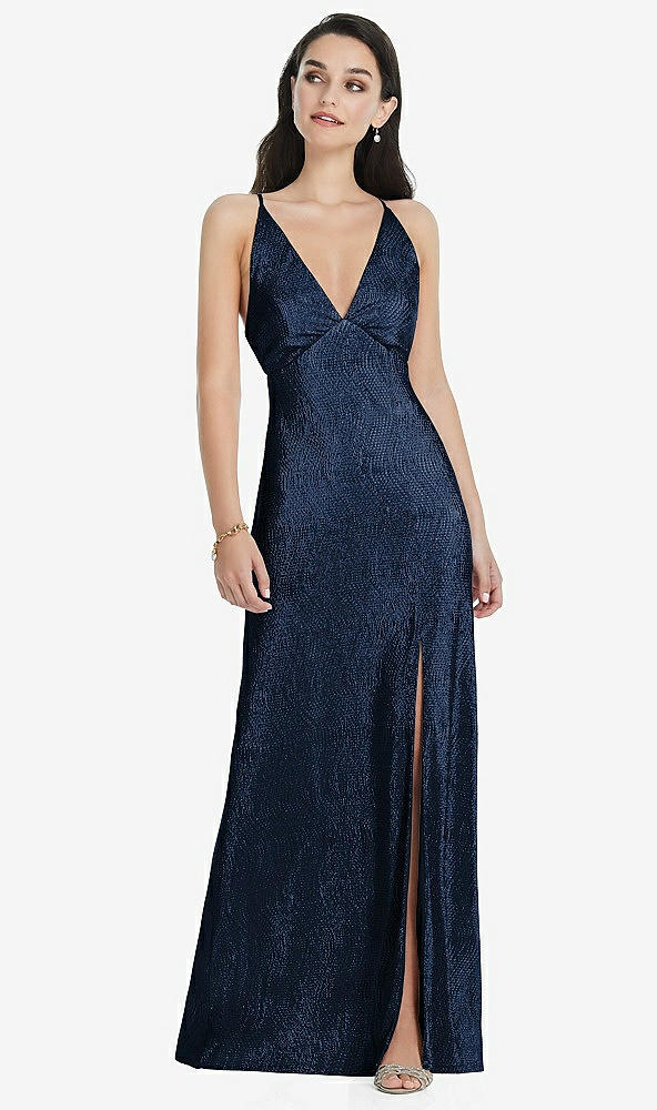 Front View - Midnight Navy Deep V-Neck Metallic Gown with Convertible Straps