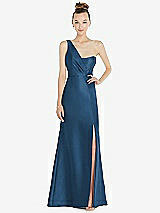 Front View Thumbnail - Dusk Blue Draped One-Shoulder Satin Trumpet Gown with Front Slit