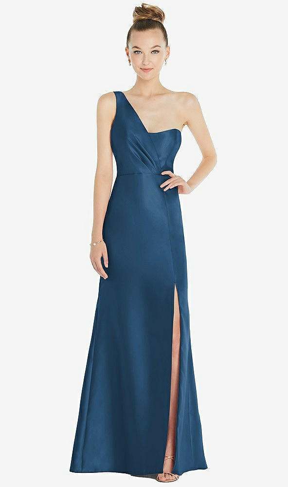 Front View - Dusk Blue Draped One-Shoulder Satin Trumpet Gown with Front Slit