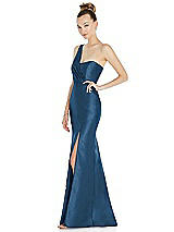 Side View Thumbnail - Dusk Blue Draped One-Shoulder Satin Trumpet Gown with Front Slit