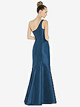 Rear View Thumbnail - Dusk Blue Draped One-Shoulder Satin Trumpet Gown with Front Slit