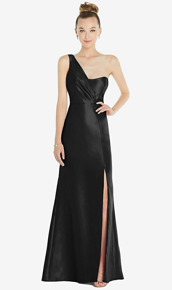 Front View - Black Draped One-Shoulder Satin Trumpet Gown with Front Slit