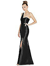 Side View Thumbnail - Black Draped One-Shoulder Satin Trumpet Gown with Front Slit