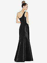 Rear View Thumbnail - Black Draped One-Shoulder Satin Trumpet Gown with Front Slit