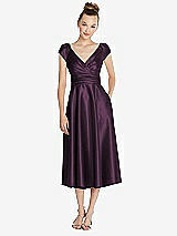 Front View Thumbnail - Aubergine Cap Sleeve Faux Wrap Satin Midi Dress with Pockets