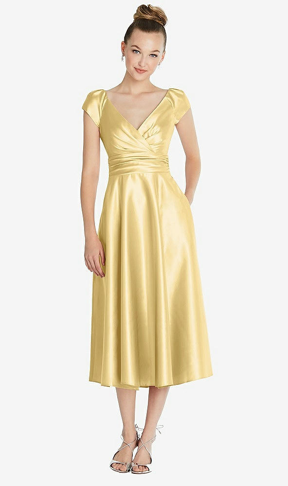Front View - Buttercup Cap Sleeve Faux Wrap Satin Midi Dress with Pockets