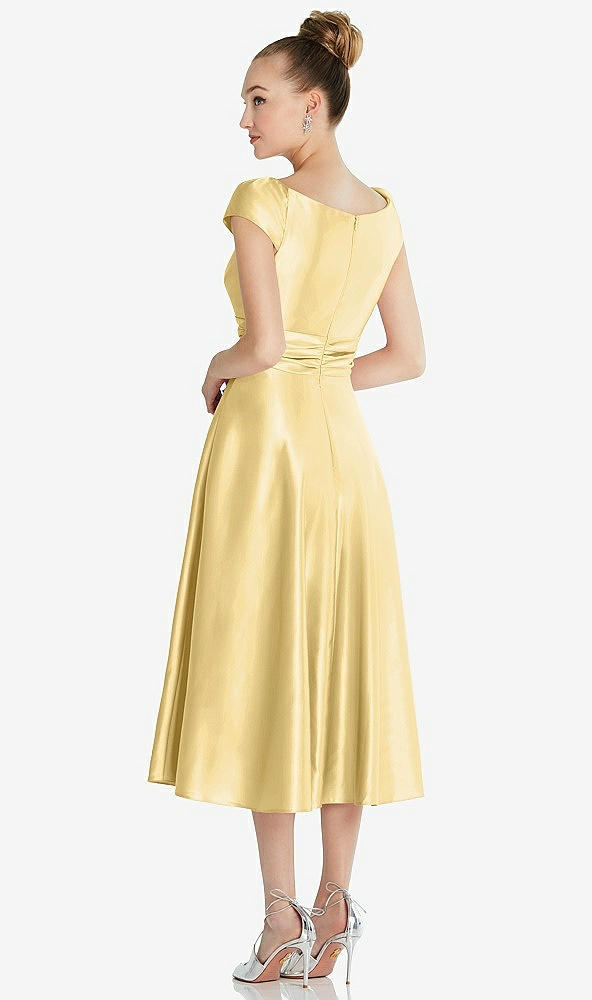 Back View - Buttercup Cap Sleeve Faux Wrap Satin Midi Dress with Pockets