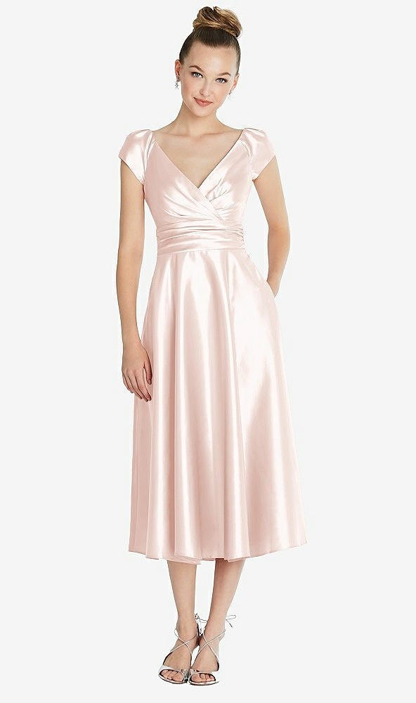Front View - Blush Cap Sleeve Faux Wrap Satin Midi Dress with Pockets