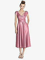 Front View Thumbnail - Carnation Cap Sleeve Faux Wrap Satin Midi Dress with Pockets