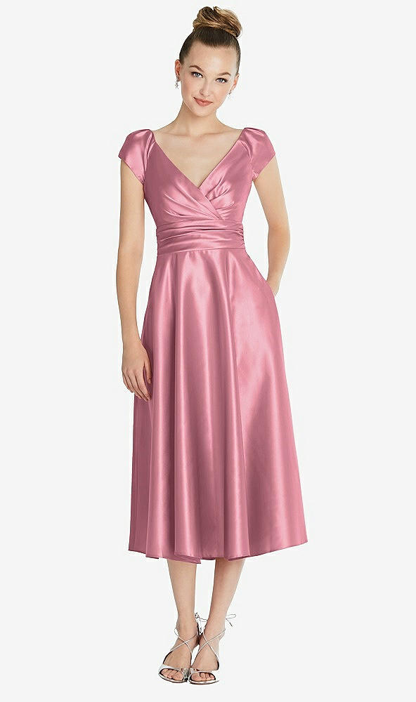 Front View - Carnation Cap Sleeve Faux Wrap Satin Midi Dress with Pockets