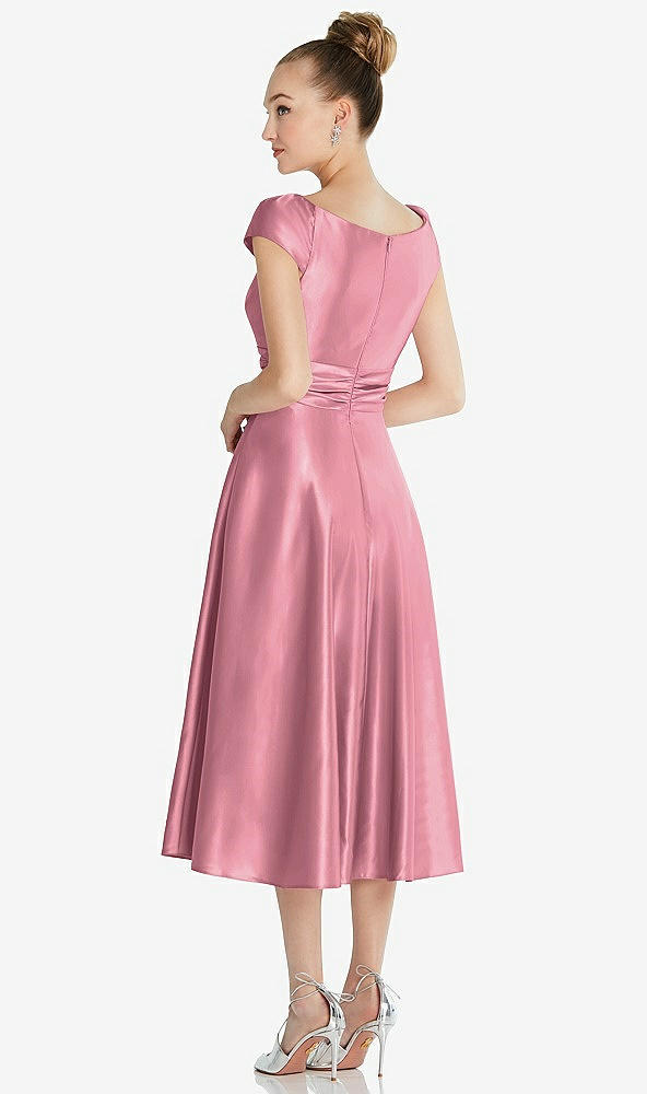 Back View - Carnation Cap Sleeve Faux Wrap Satin Midi Dress with Pockets