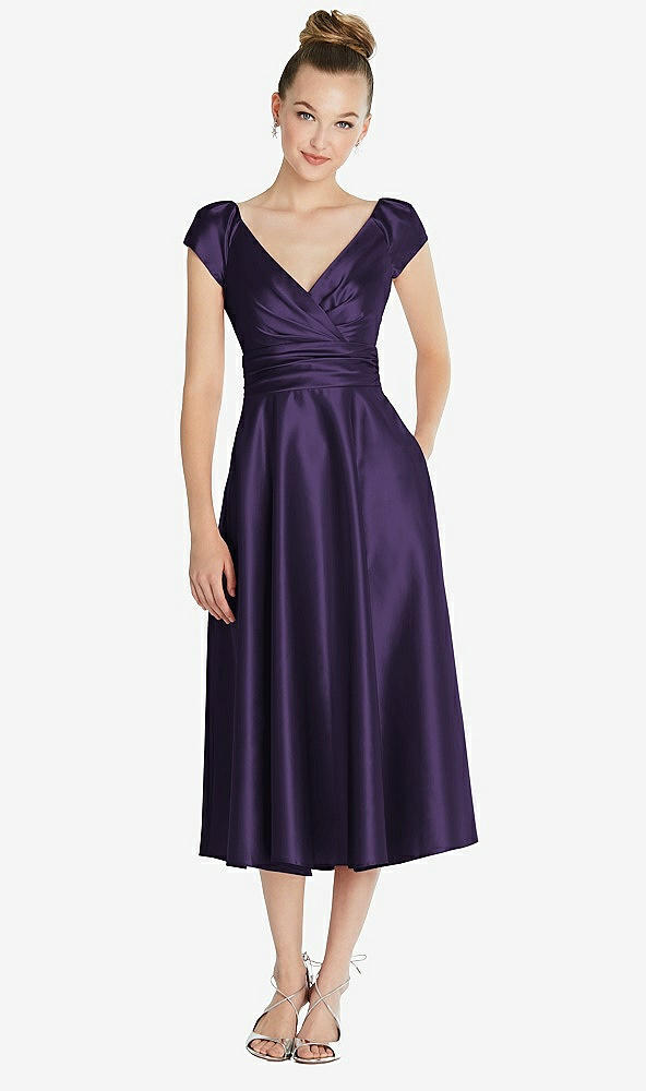 Front View - Concord Cap Sleeve Faux Wrap Satin Midi Dress with Pockets