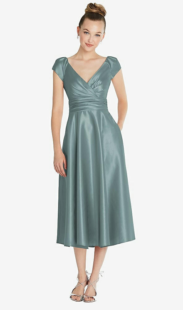 Front View - Icelandic Cap Sleeve Faux Wrap Satin Midi Dress with Pockets