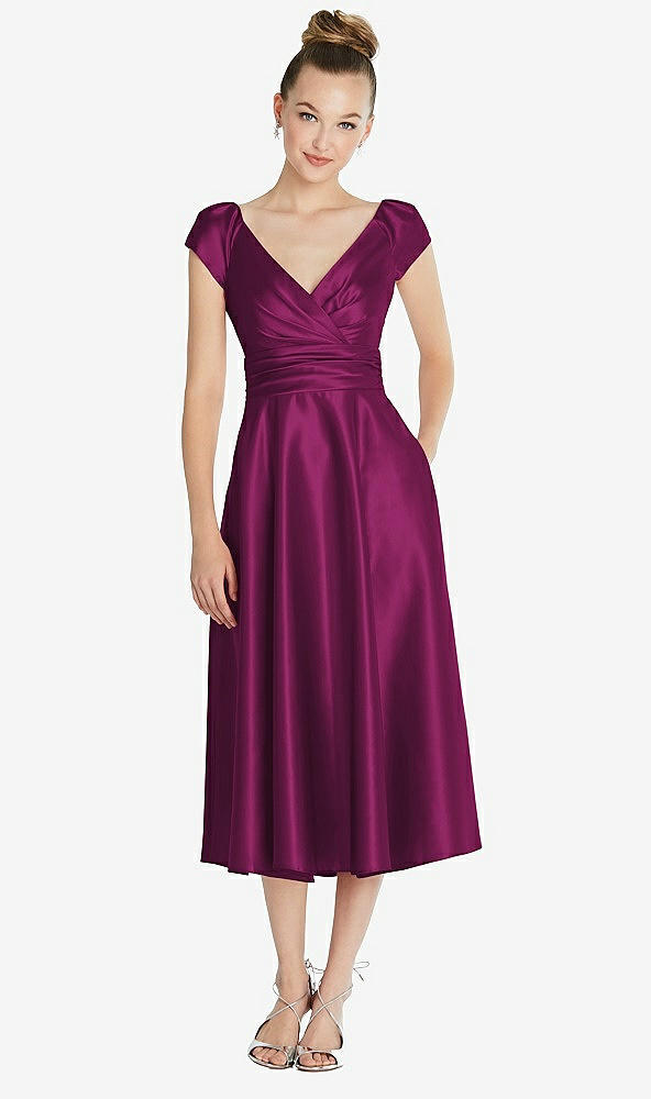 Front View - Merlot Cap Sleeve Faux Wrap Satin Midi Dress with Pockets