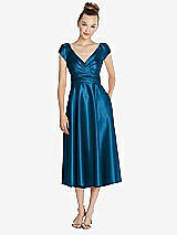 Front View Thumbnail - Ocean Blue Cap Sleeve Faux Wrap Satin Midi Dress with Pockets