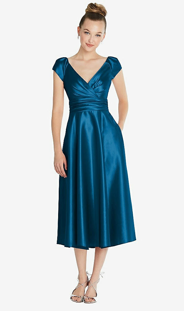 Front View - Ocean Blue Cap Sleeve Faux Wrap Satin Midi Dress with Pockets