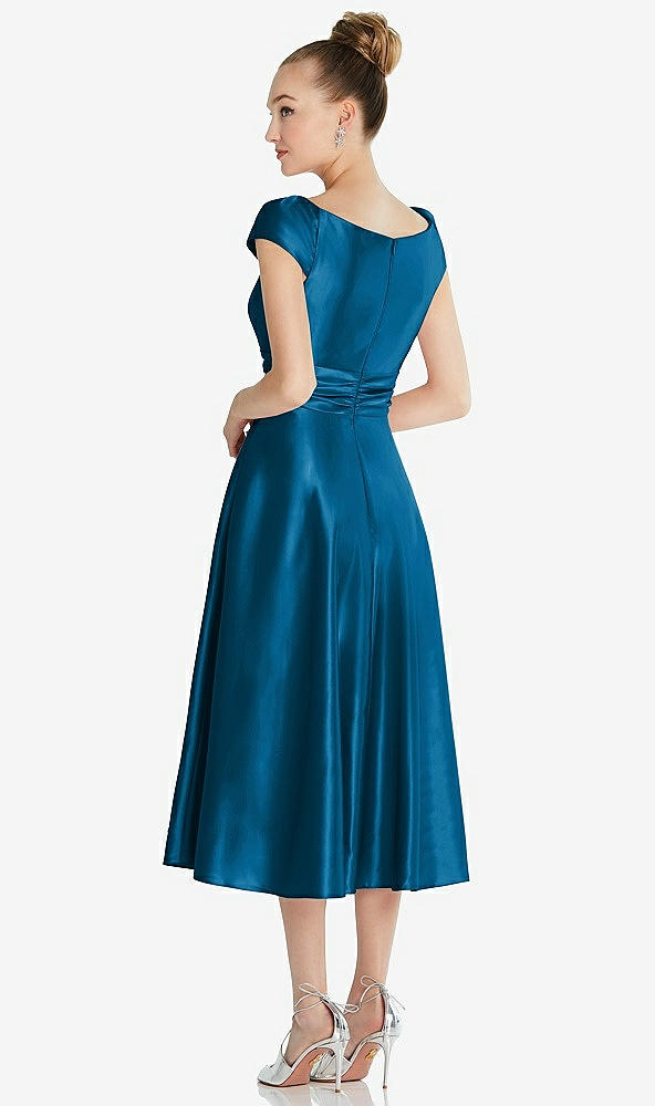 Back View - Ocean Blue Cap Sleeve Faux Wrap Satin Midi Dress with Pockets