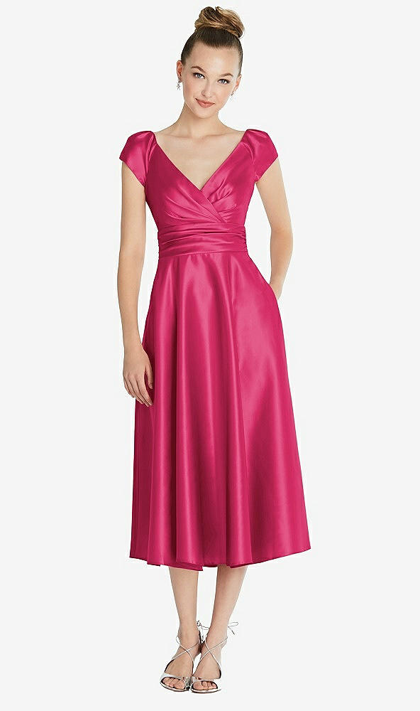 Front View - Posie Cap Sleeve Faux Wrap Satin Midi Dress with Pockets