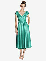 Front View Thumbnail - Pantone Turquoise Cap Sleeve Faux Wrap Satin Midi Dress with Pockets