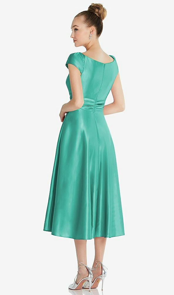 Back View - Pantone Turquoise Cap Sleeve Faux Wrap Satin Midi Dress with Pockets