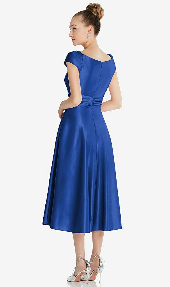 Back View - Sapphire Cap Sleeve Faux Wrap Satin Midi Dress with Pockets