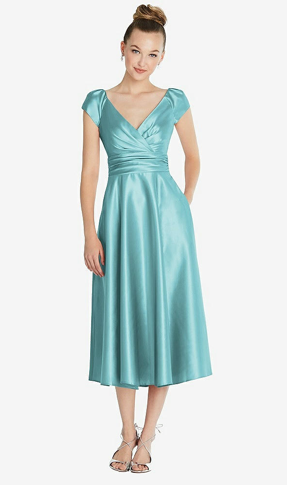 Front View - Spa Cap Sleeve Faux Wrap Satin Midi Dress with Pockets