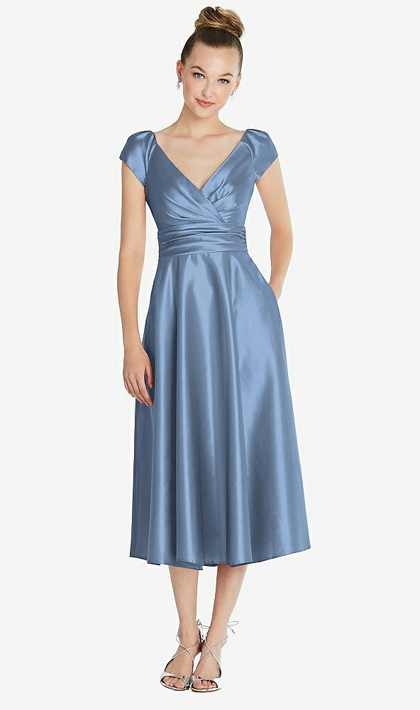 Front View - Windsor Blue Cap Sleeve Faux Wrap Satin Midi Dress with Pockets