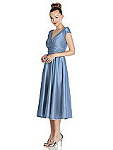 Side View Thumbnail - Windsor Blue Cap Sleeve Faux Wrap Satin Midi Dress with Pockets